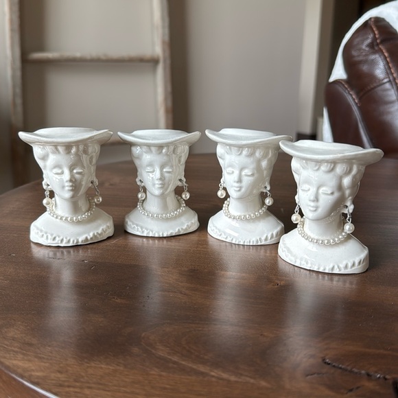 Set of 4 Vintage White Lady Head Vase with Pearls